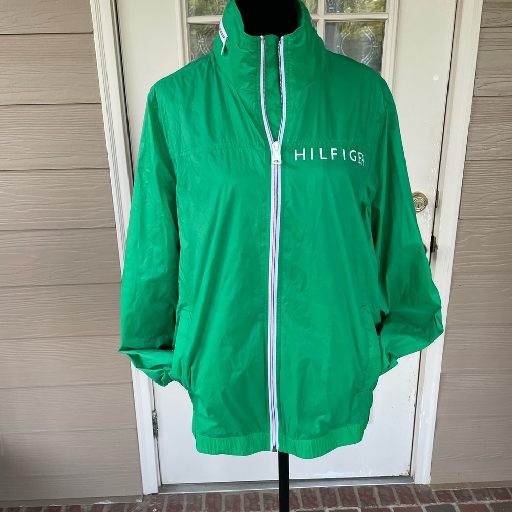 Tommy Hilfiger XS Green Windbreaker Jacket Full Zip Lightweight Logo Sporty 🌿